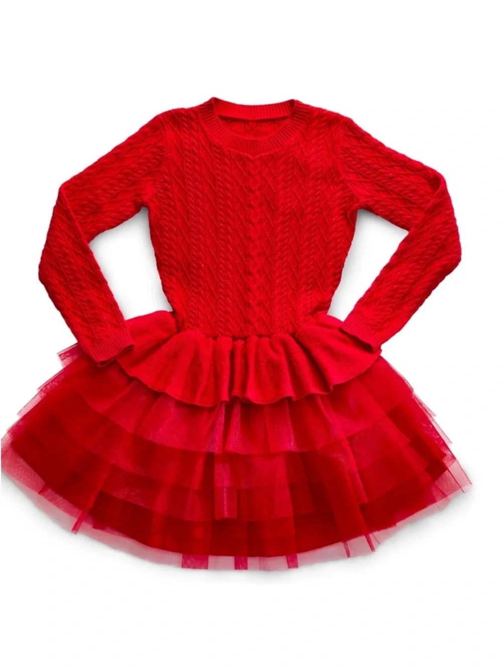 American Girl holiday Red Cable Knit Sweater Dress with Tulle Skirt small 7/8